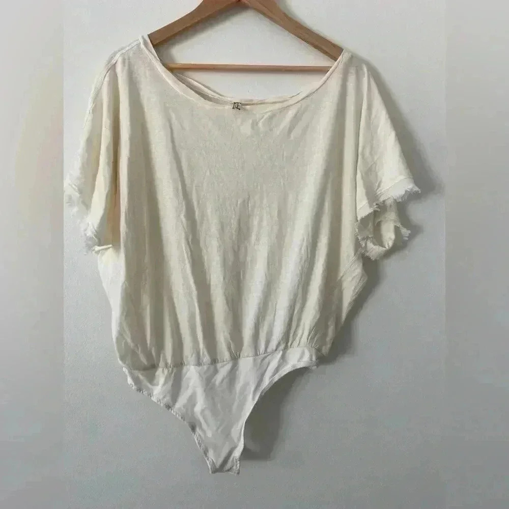 Free People Scoop Neck Frayed Hem Bodysuit Ivory size M